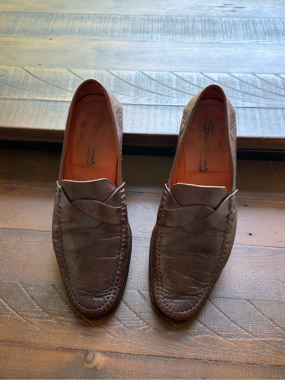 Santoni Brown Leather Penny Loafers for Men 8